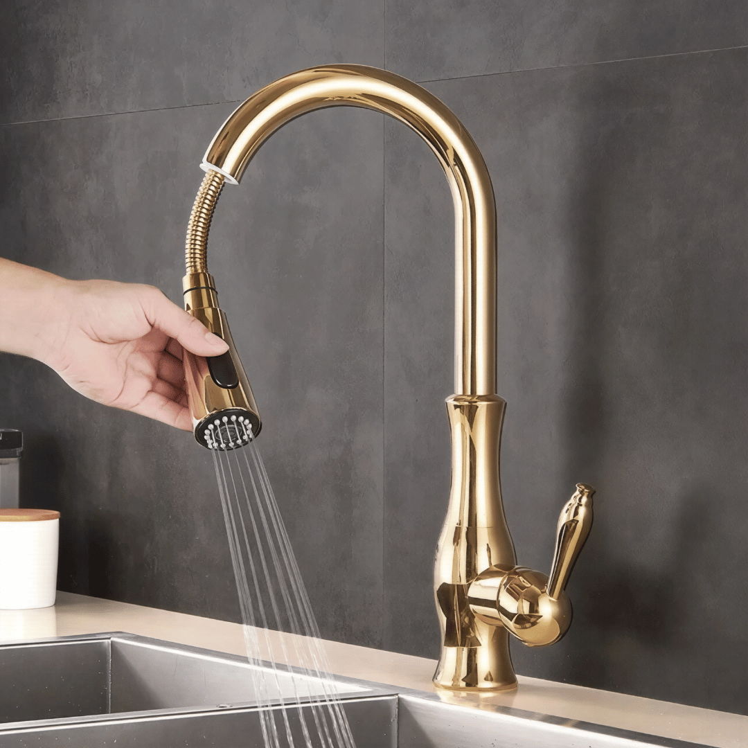 Fluxo Küchenarmatur – Luxus Design Wasserhahn mit ausziehbarem Sprühkopf für Warm- und Kaltwasser