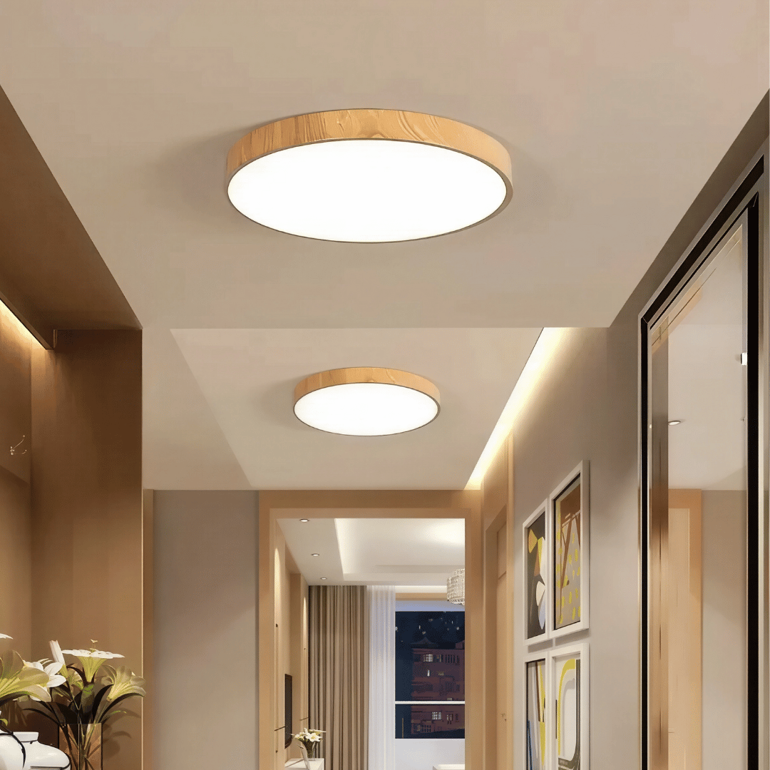 Nordische LED Deckenleuchte – Runde Holzoptik Lampe für Wohnzimmer, Schlafzimmer & Flur, stilvolle Innenbeleuchtung