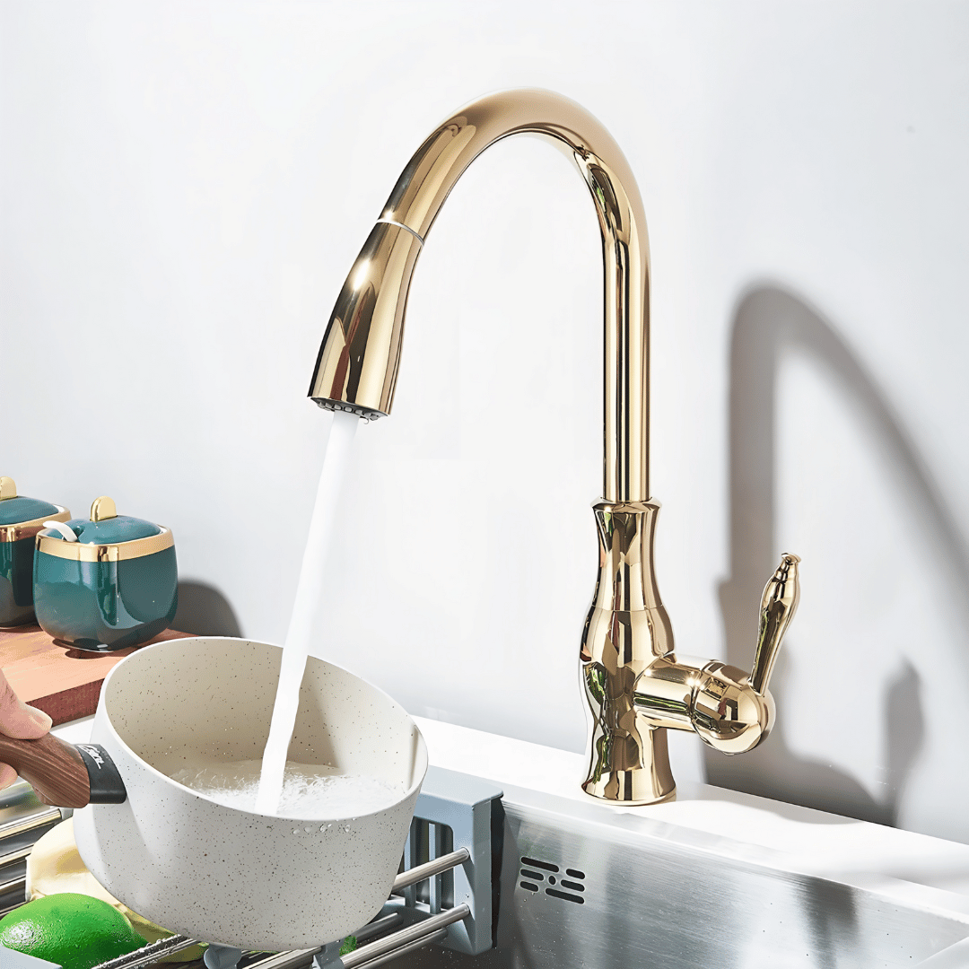 Fluxo Küchenarmatur – Luxus Design Wasserhahn mit ausziehbarem Sprühkopf für Warm- und Kaltwasser